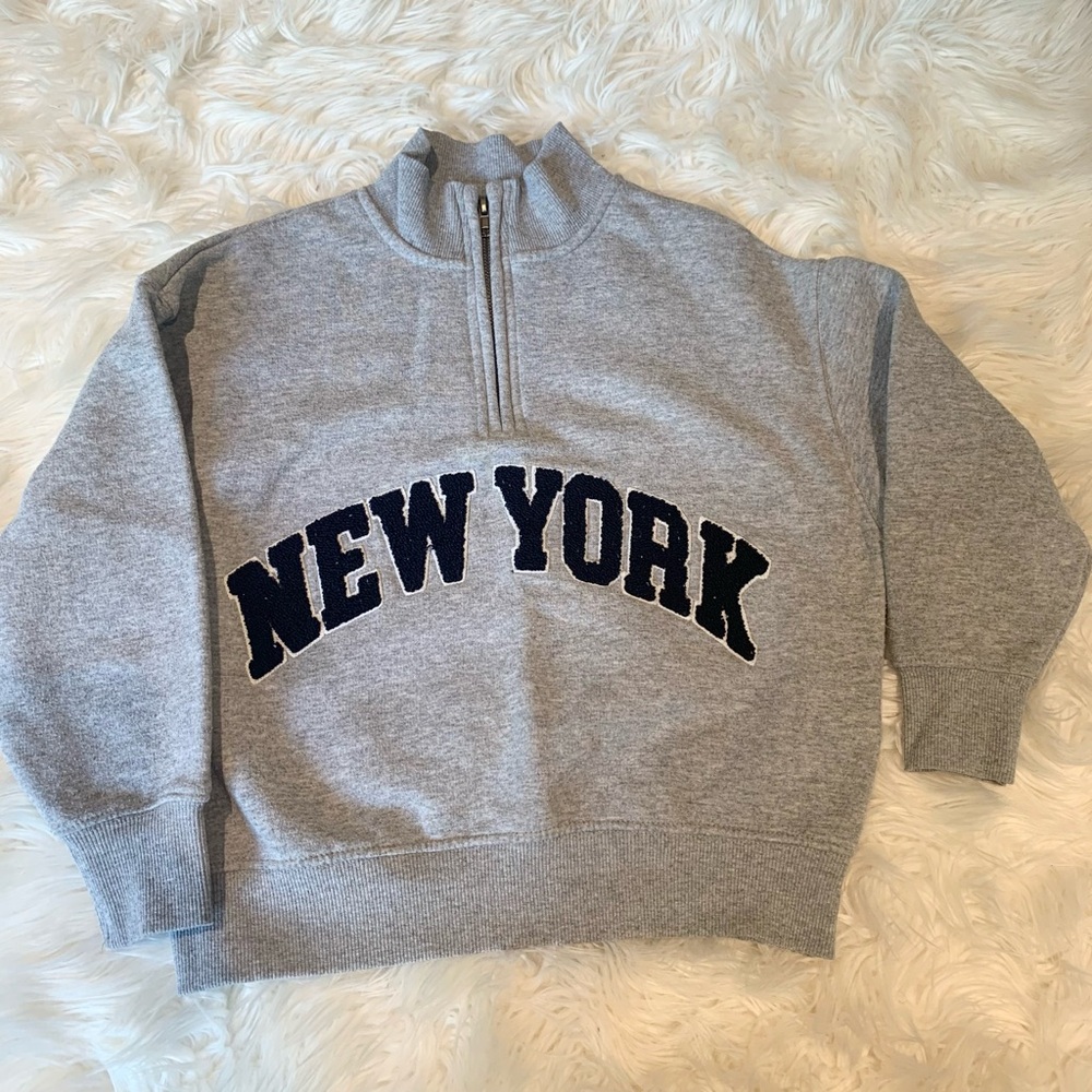 Zara Gray Zip-Up Sweater with New York Design